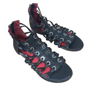 Charles Jourdan Paris Gladiator Sandals Size 5.5 M Black Flat Leather Upper Red